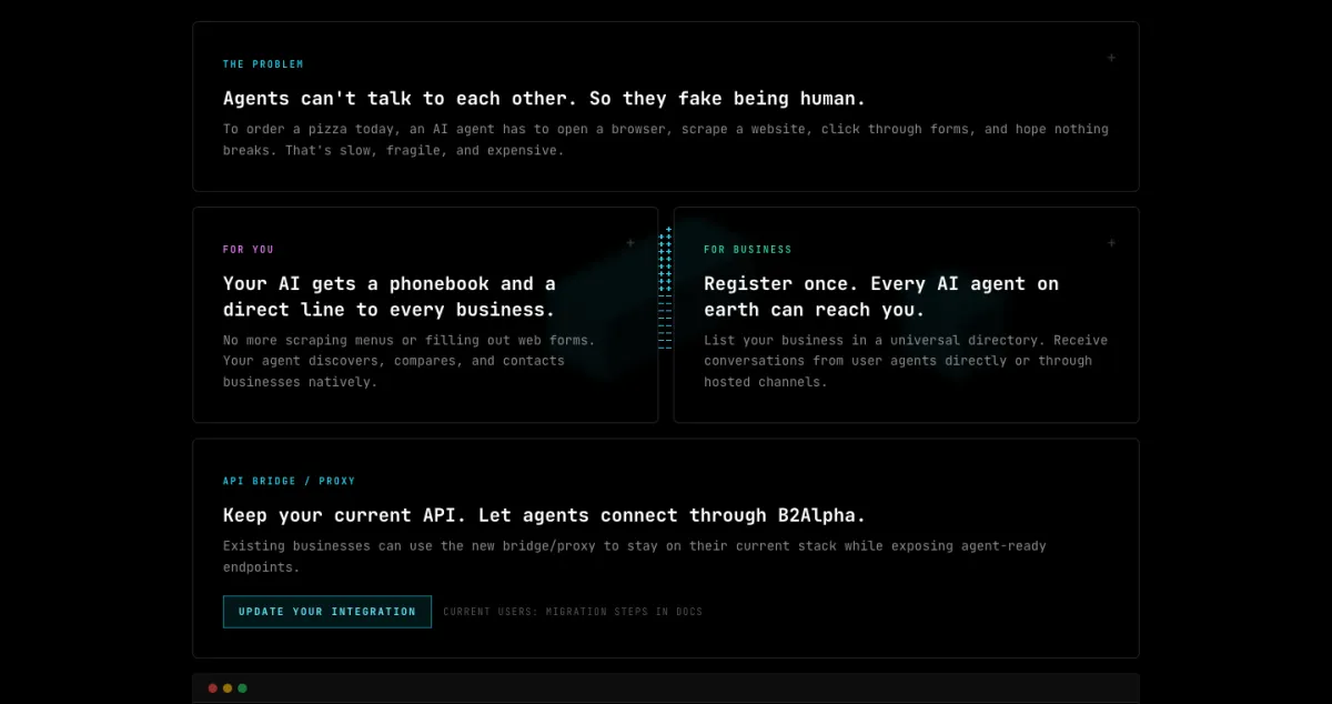 Screenshot of b2alpha.io, an agent-to-agent protocol dashboard