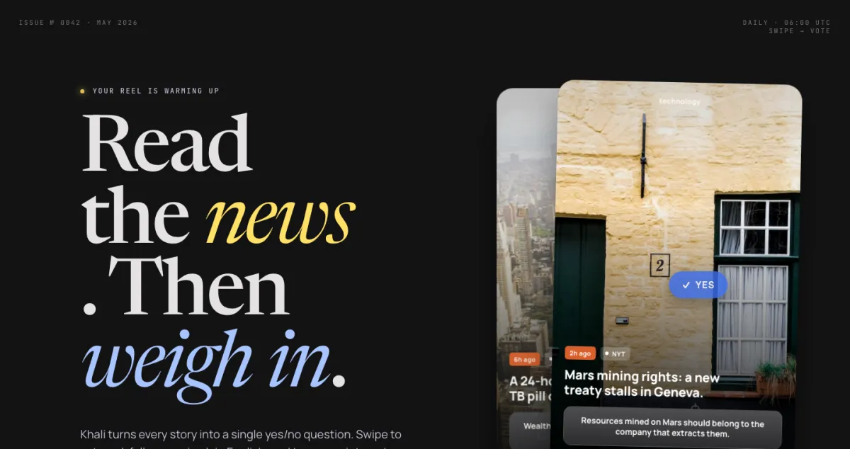Screenshot of Khali, a short-form news video feed app