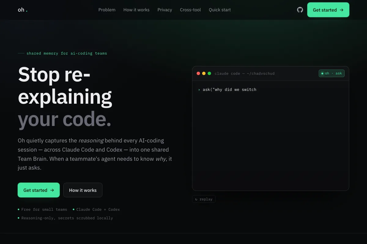 Screenshot of Oh, shared AI-coding memory for small teams