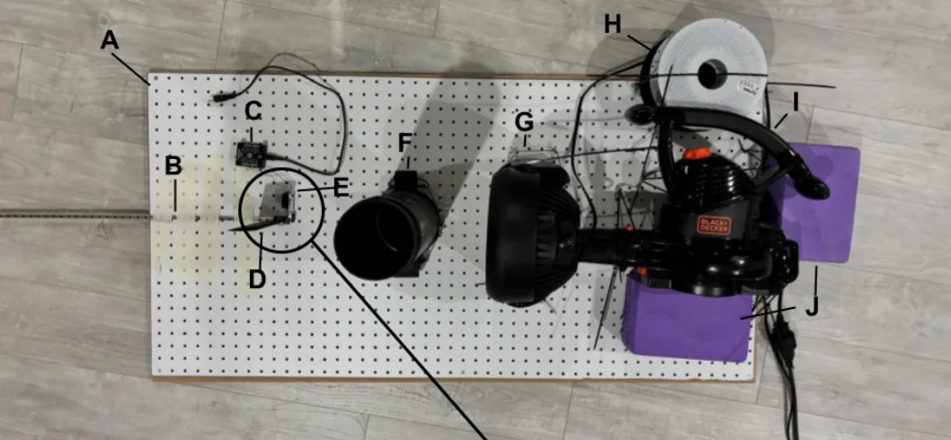 Top view of the test rig on a pegboard